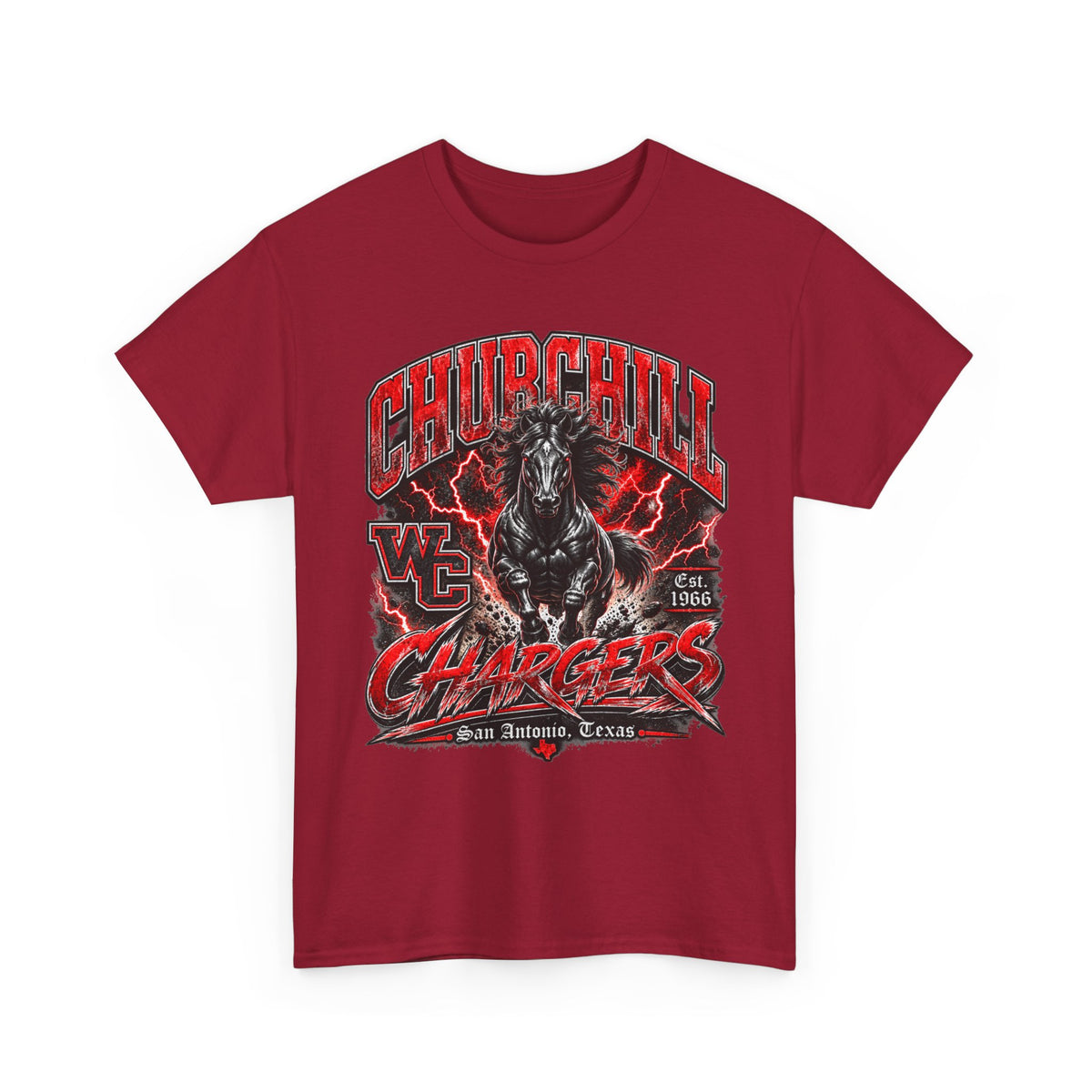 Churchill Chargers Mascot T‑Shirt — Vintage Black Stallion School Team Tee