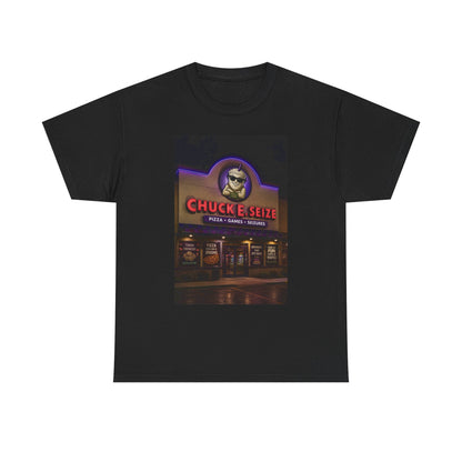Chuck E Seize Neon Sign T-Shirt — Retro Arcade Pizza Parody Tee