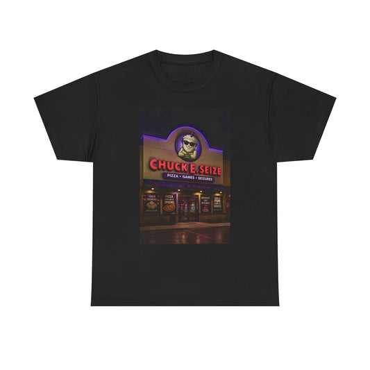 Chuck E Seize Neon Sign T-Shirt — Retro Arcade Pizza Parody Tee