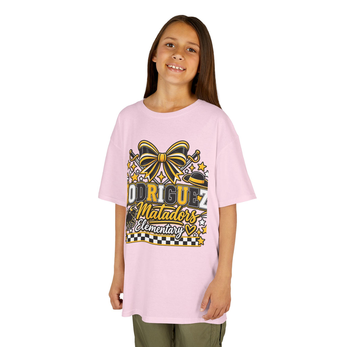 Rodriguez Matadors Elementary Kids T‑Shirt — School Spirit Bow & Mascot Tee
