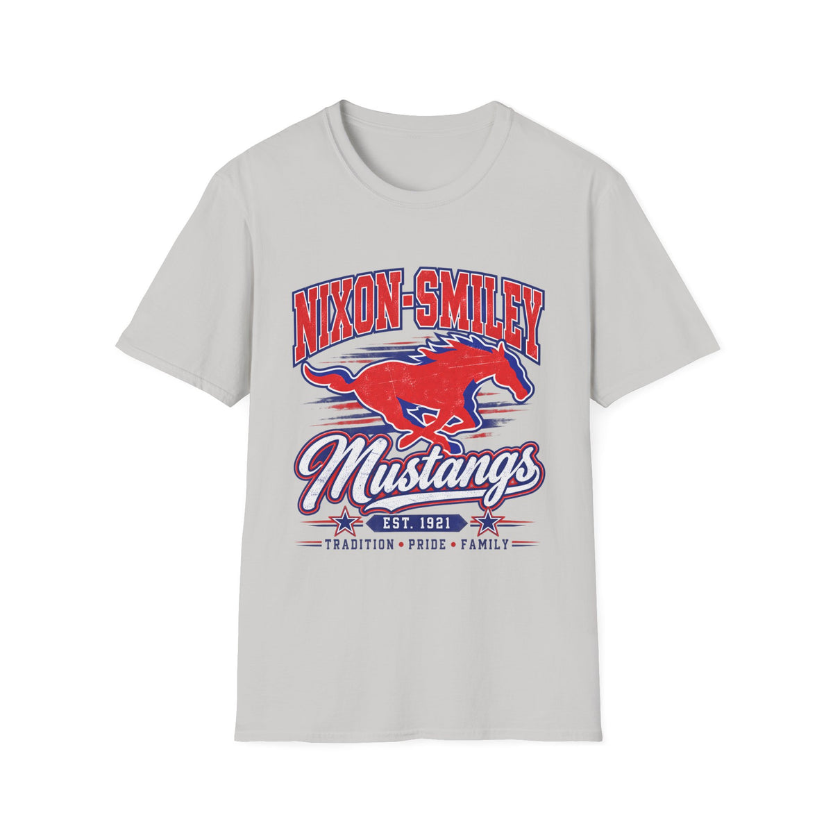 Nixon-Smiley Mustangs Tee — Retro School Mascot T-Shirt