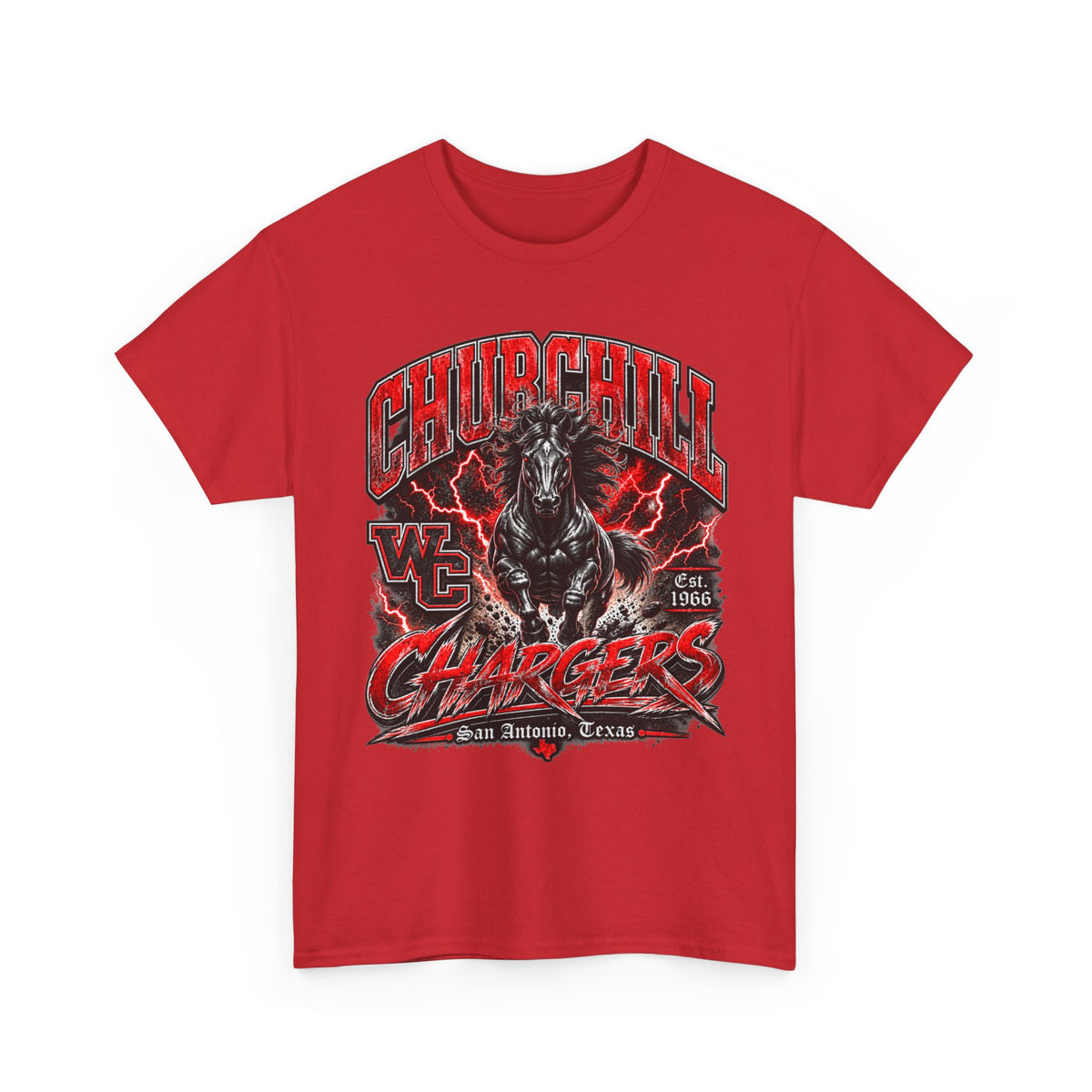 Churchill Chargers Mascot T‑Shirt — Vintage Black Stallion School Team Tee