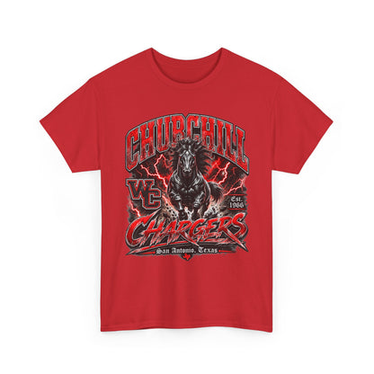 Churchill Chargers Mascot T‑Shirt — Vintage Black Stallion School Team Tee