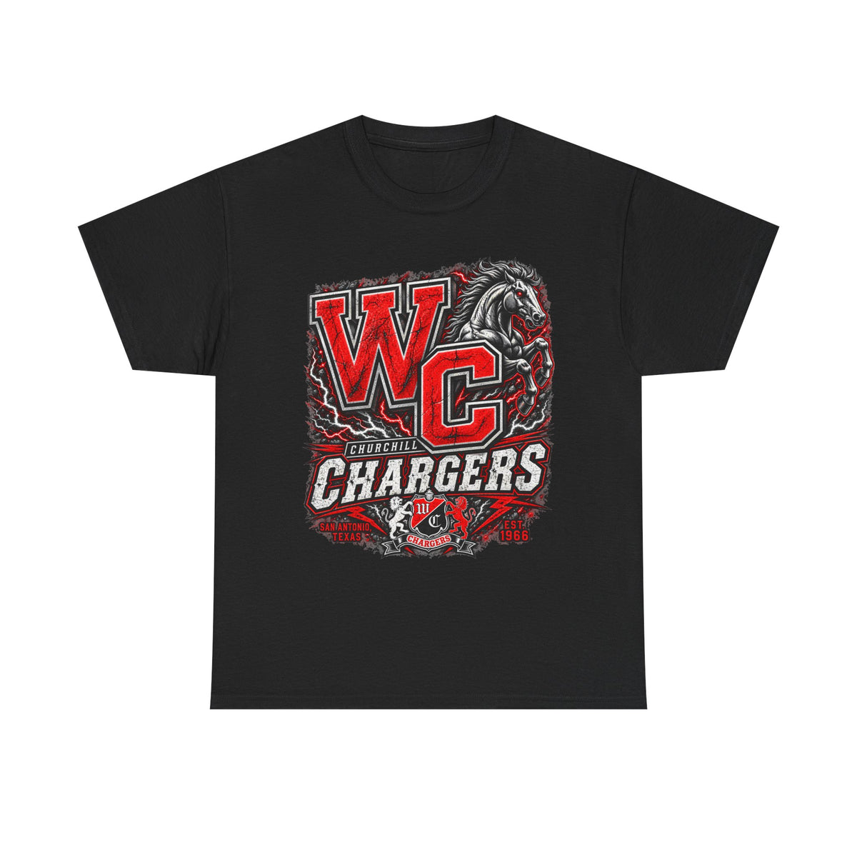 Chargers WC Mascot T-Shirt — Bold Red & Black School Spirit Tee