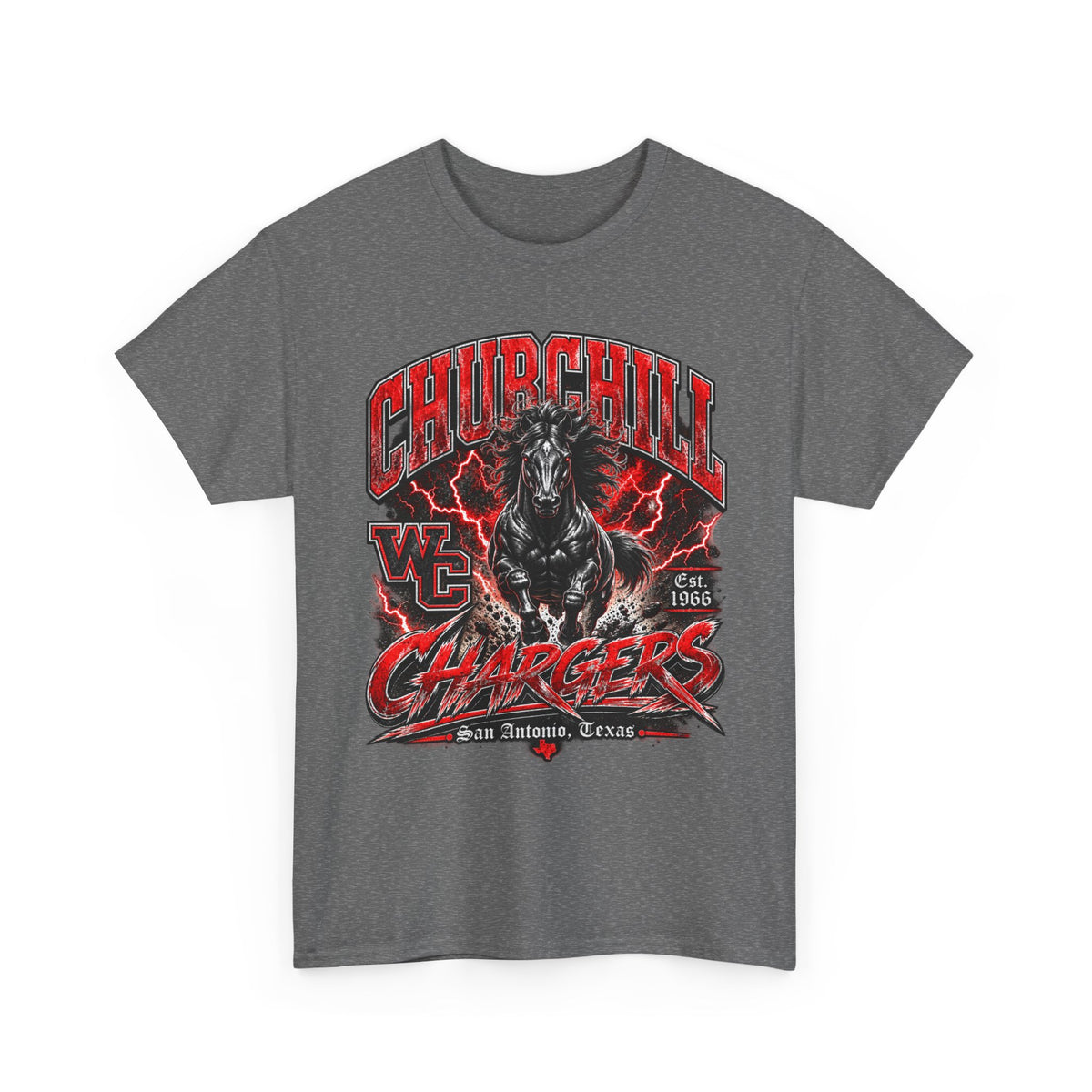 Churchill Chargers Mascot T‑Shirt — Vintage Black Stallion School Team Tee