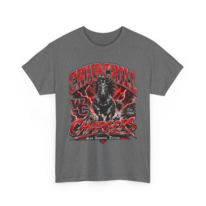 Churchill Chargers Mascot T‑Shirt — Vintage Black Stallion School Team Tee