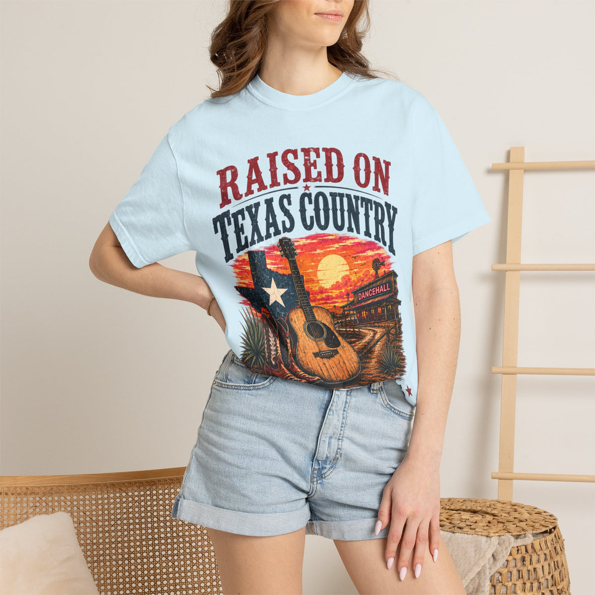 Raised on Texas Country T-Shirt — Gonzales TX Vintage Guitar Sunset Tee