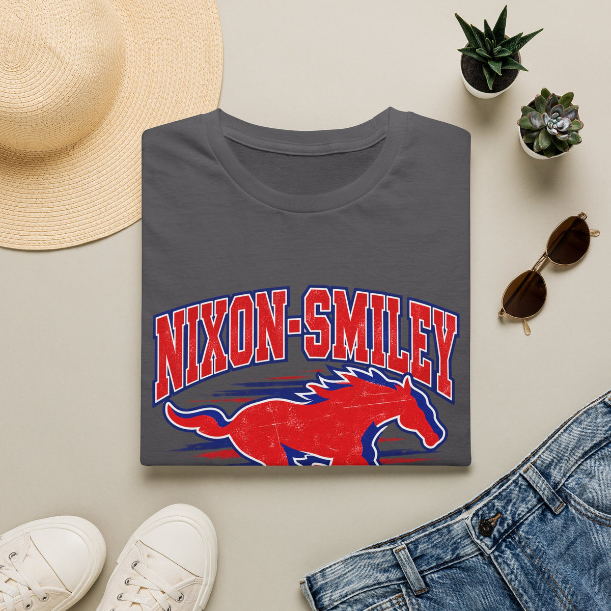 Nixon-Smiley Mustangs Tee — Retro School Mascot T-Shirt