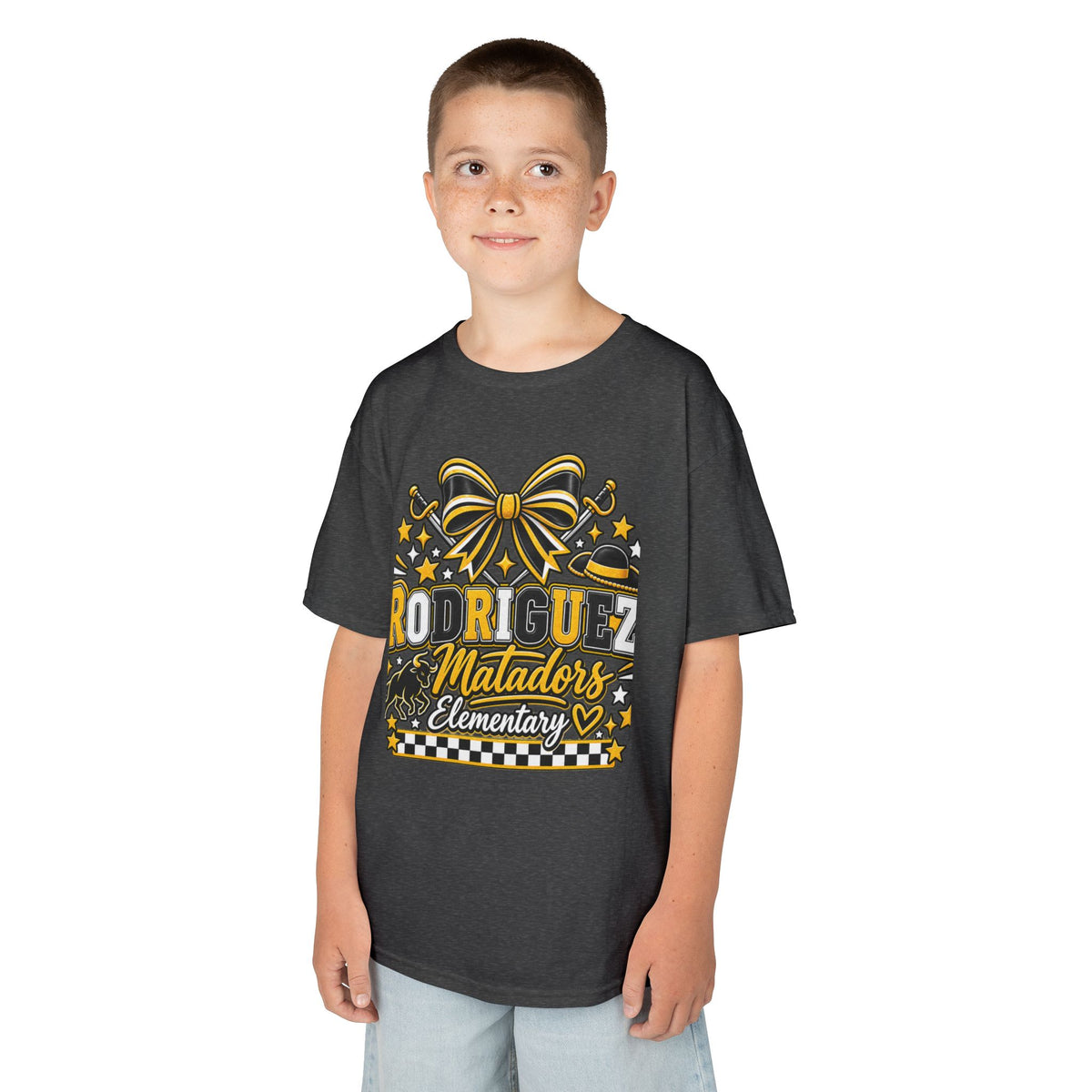 Rodriguez Matadors Elementary Kids T‑Shirt — School Spirit Bow & Mascot Tee