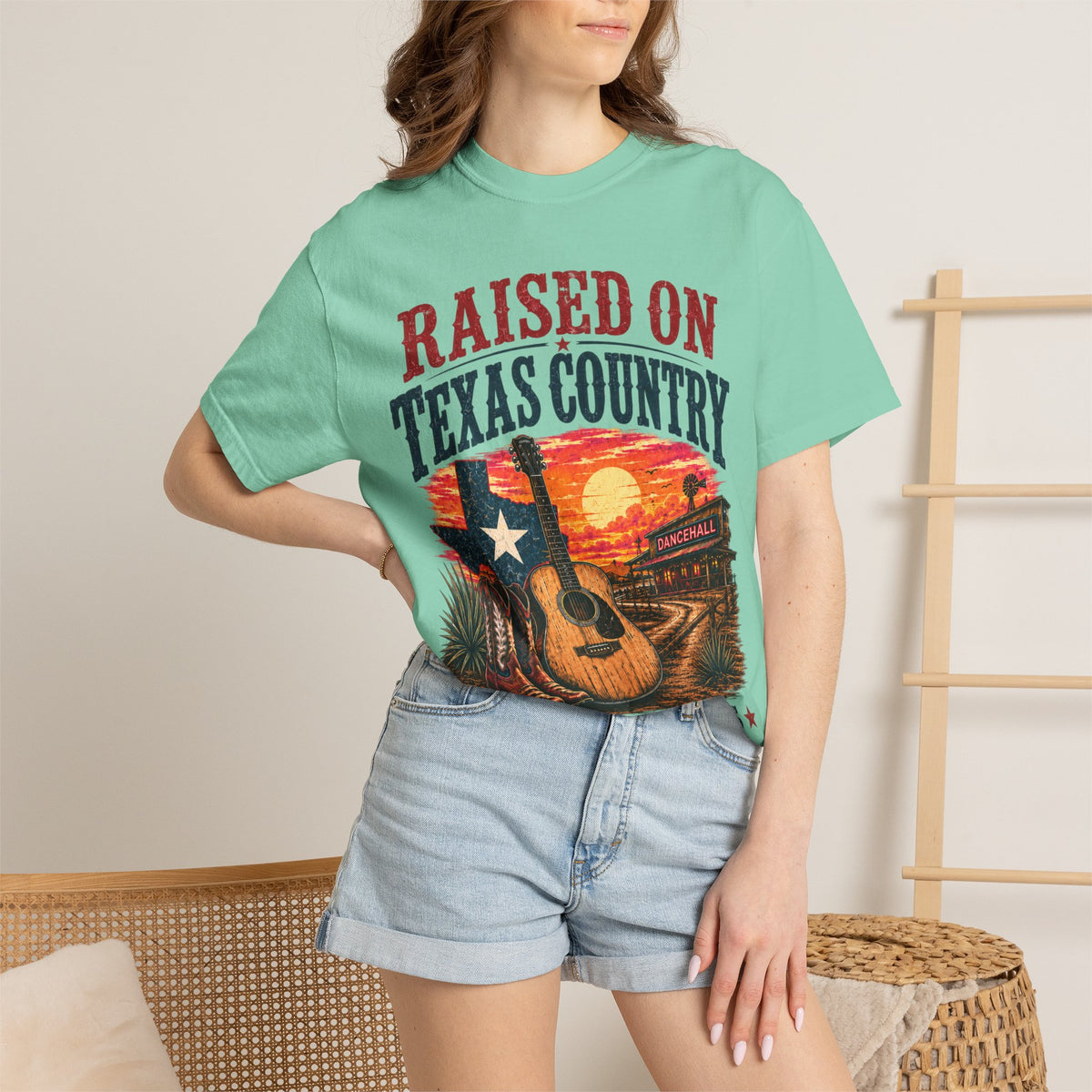 Raised on Texas Country T-Shirt — Gonzales TX Vintage Guitar Sunset Tee