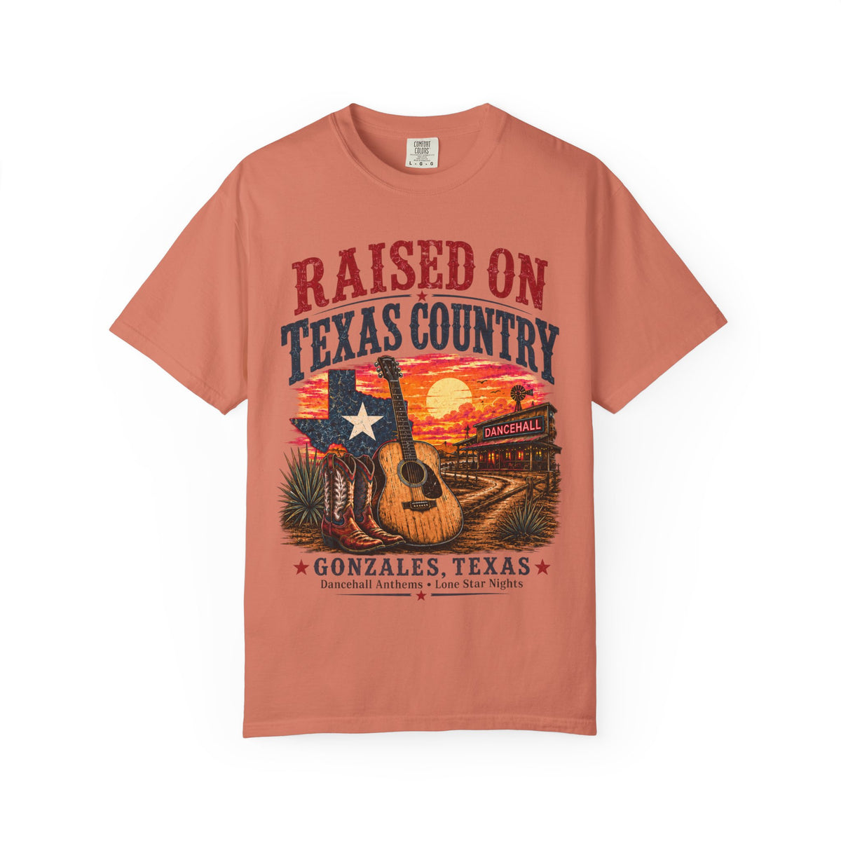 Raised on Texas Country T-Shirt — Gonzales TX Vintage Guitar Sunset Tee