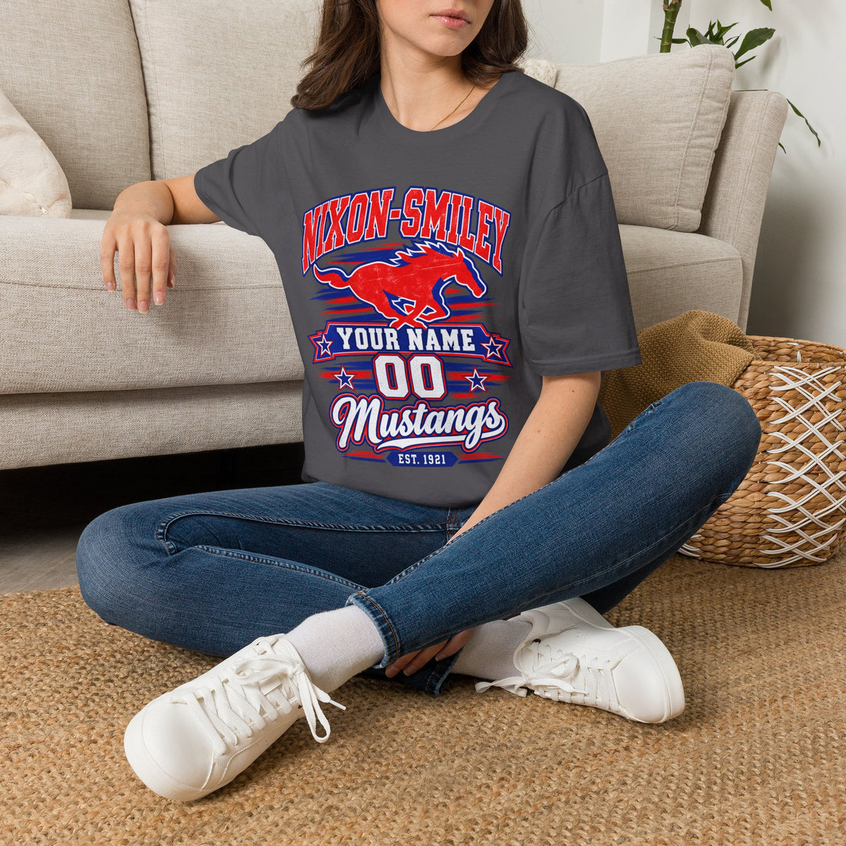 Customizable Mustang Team T-Shirt — 'Nixon-SMiley' Personalized Jersey Tee