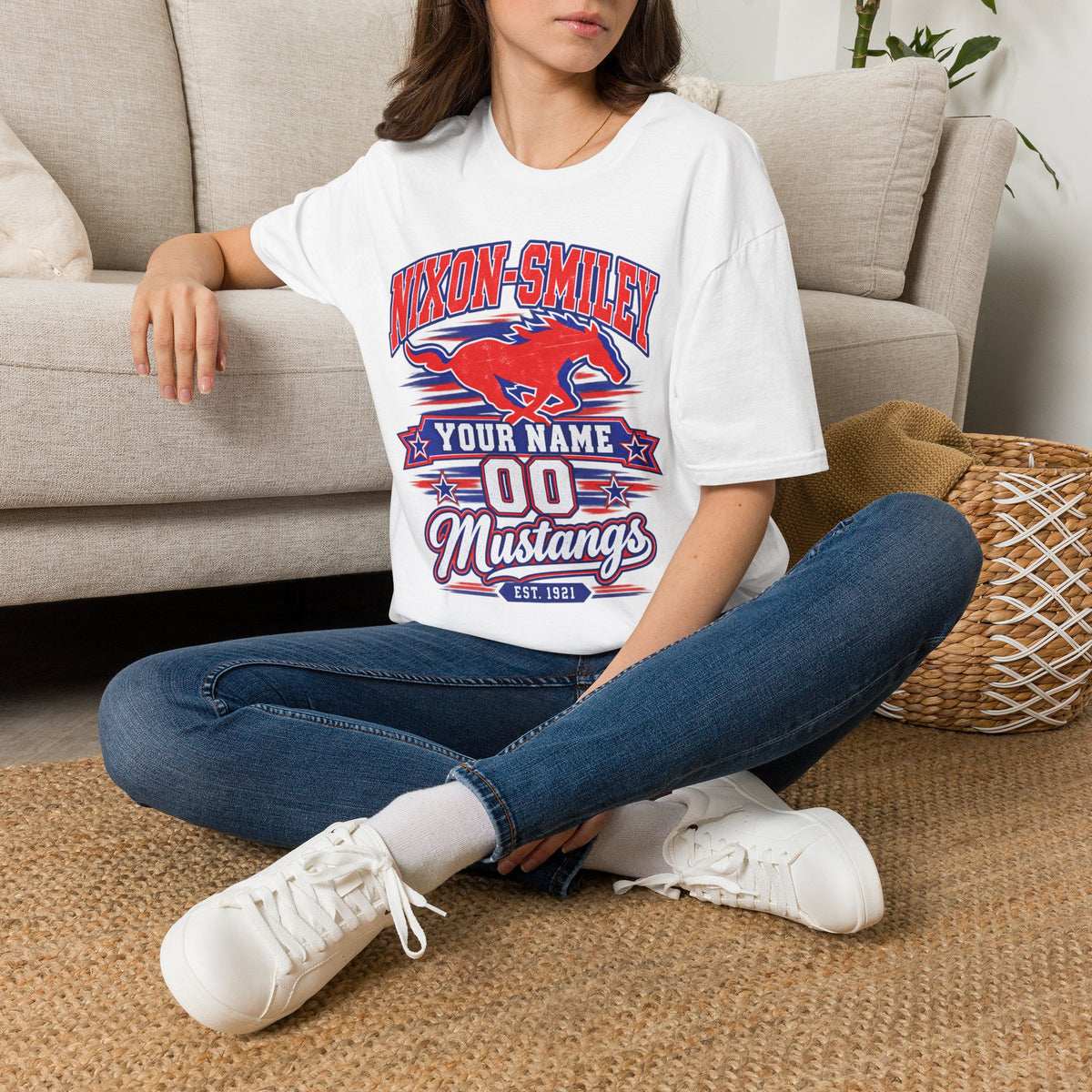 Customizable Mustang Team T-Shirt — 'Nixon-SMiley' Personalized Jersey Tee