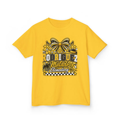 Rodriguez Matadors Elementary Kids T‑Shirt — School Spirit Bow & Mascot Tee