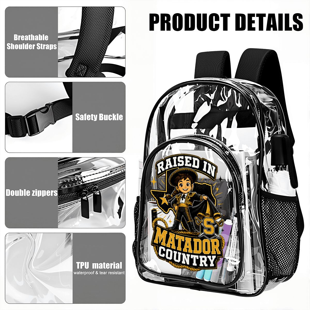 Seguin Junior Lady Matador Clear Backpack with Mesh Pocket