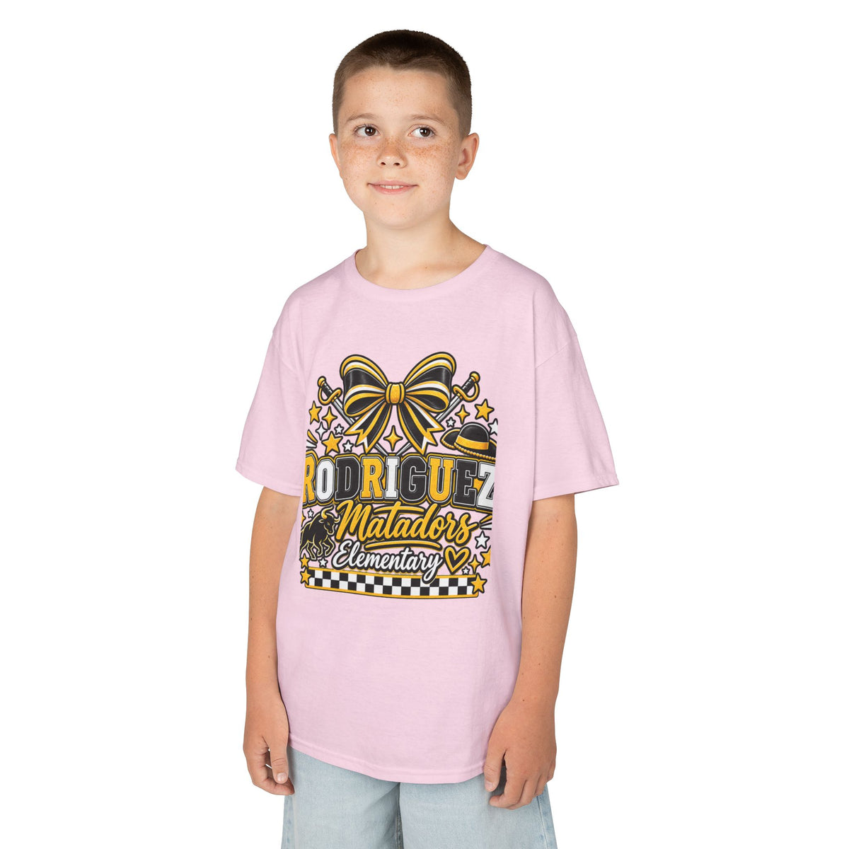 Rodriguez Matadors Elementary Kids T‑Shirt — School Spirit Bow & Mascot Tee