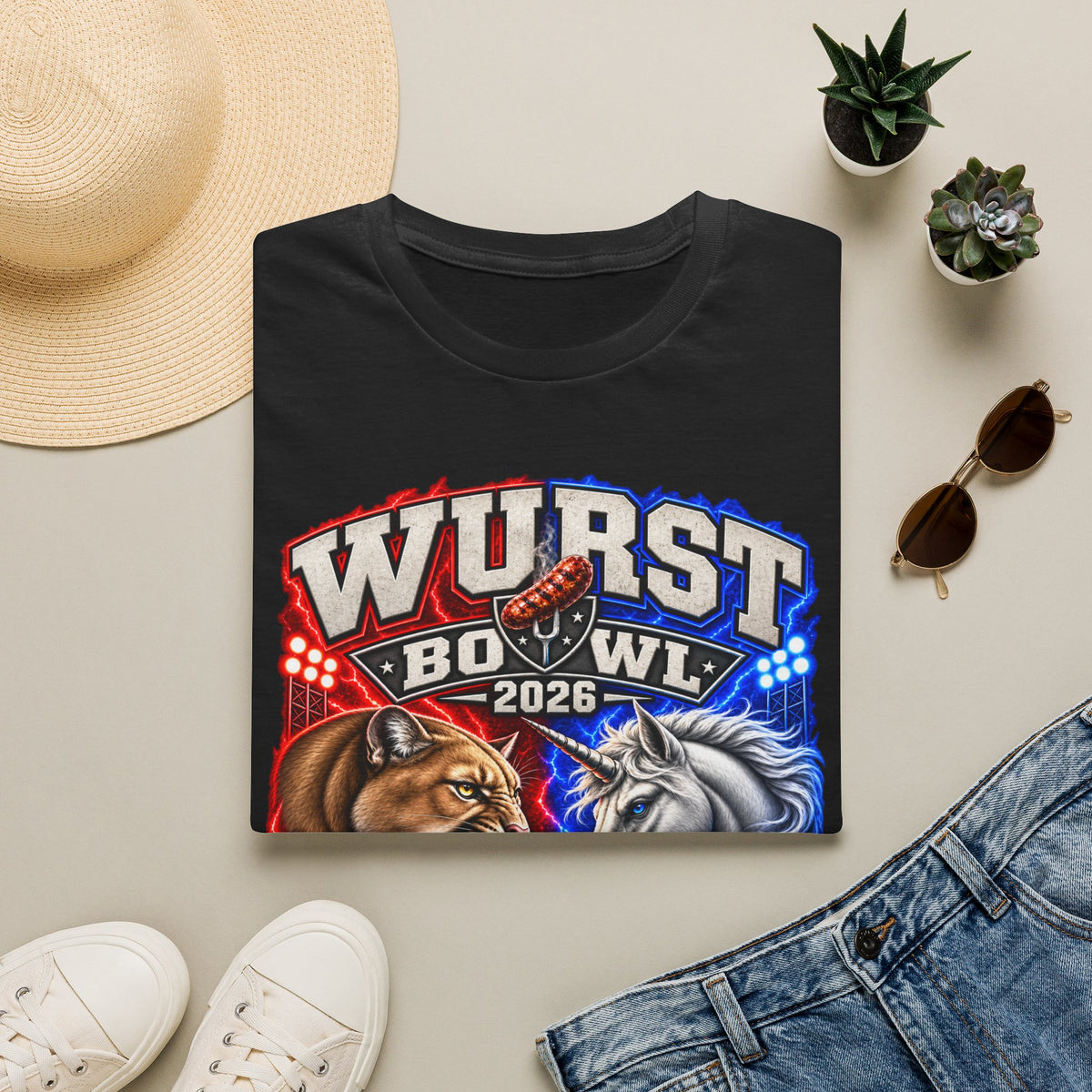 Wurst Bowl 2026 T‑Shirt — Rivalry Game Day Tee (Sausage vs. Unicorn)
