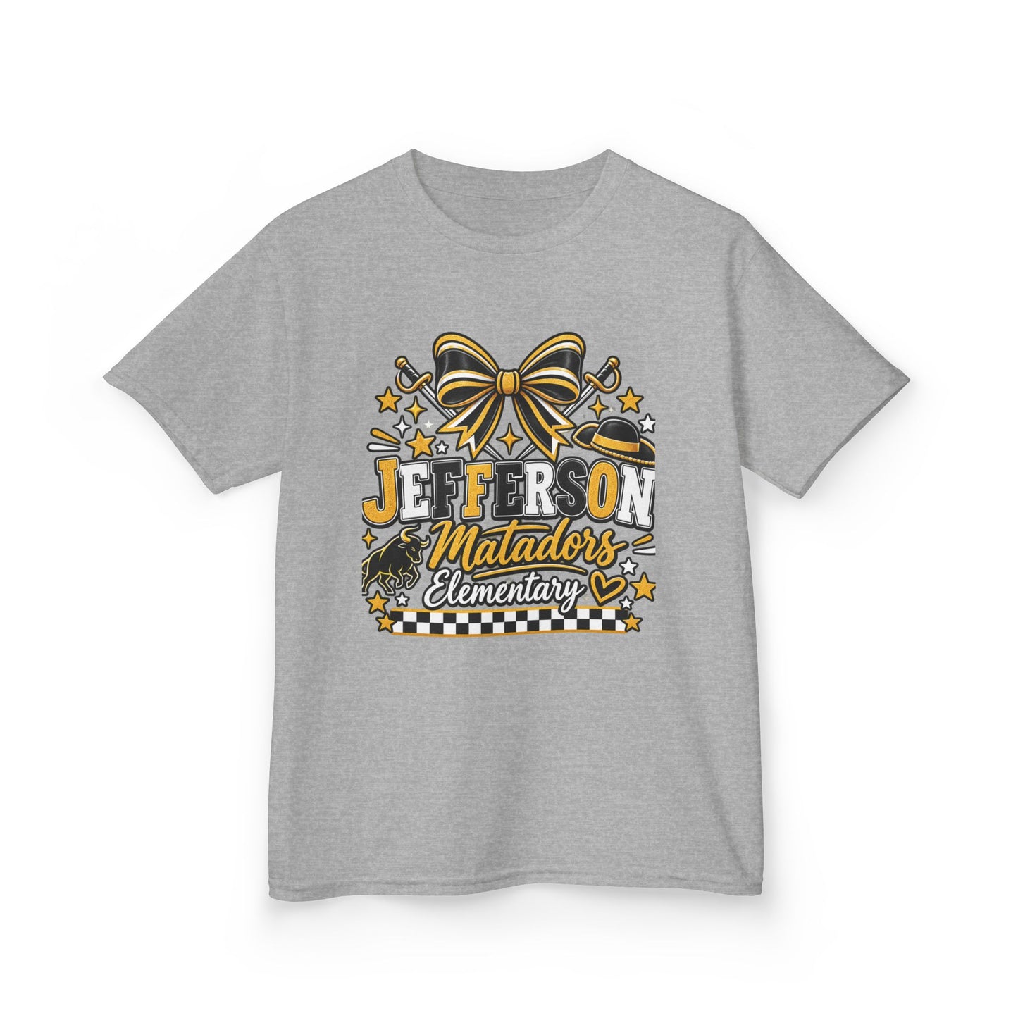 Jefferson Matadors Elementary Kids T-Shirt — School Spirit Bow & Mascot Tee