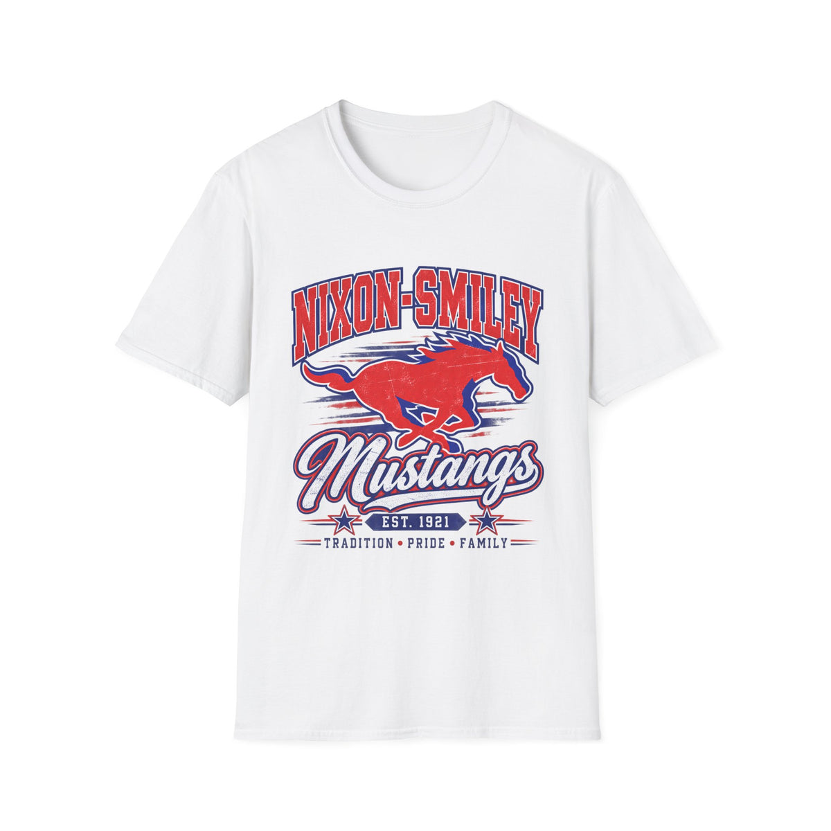 Nixon-Smiley Mustangs Tee — Retro School Mascot T-Shirt