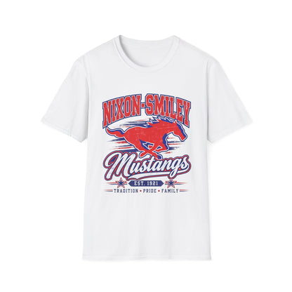 Nixon-Smiley Mustangs Tee — Retro School Mascot T-Shirt