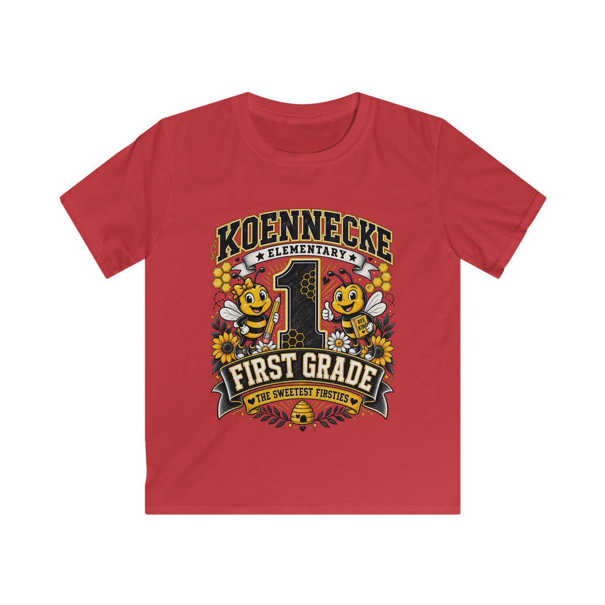 First Grade Kids Tee — 'Koennecke Elementary' Back-to-School Bee Design