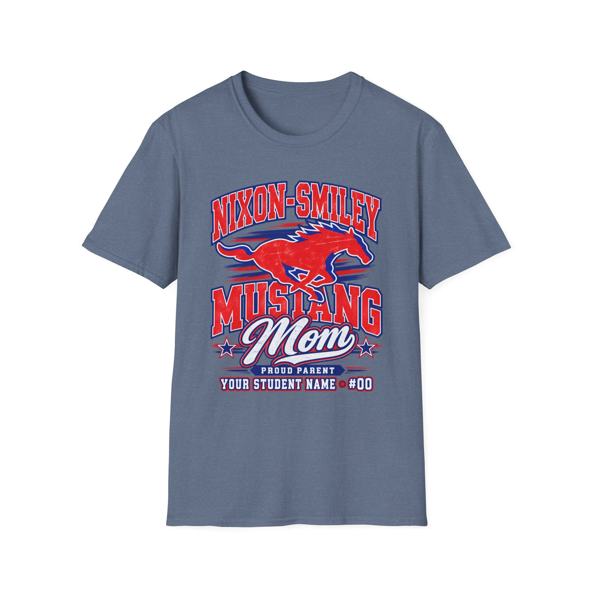 Mustang Mom T‑Shirt — Nixon‑Smiley School Spirit Tee (Customizable Student Name)