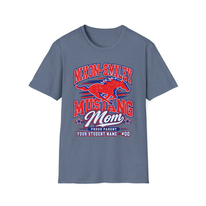 Mustang Mom T‑Shirt — Nixon‑Smiley School Spirit Tee (Customizable Student Name)