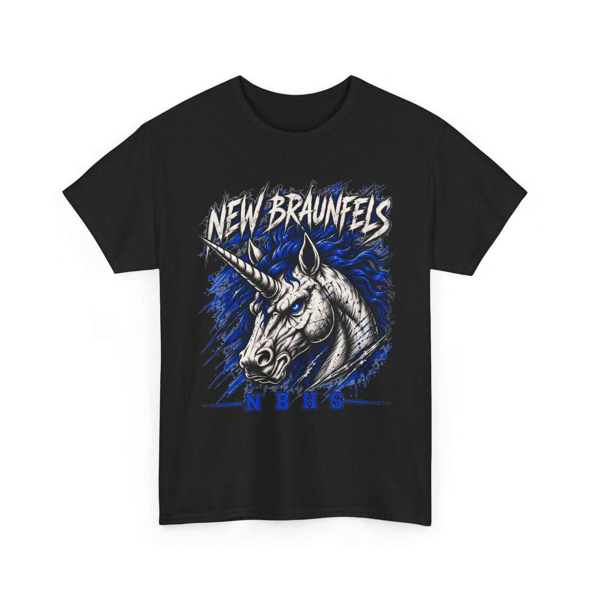 New Braunfels Unicorn Graphic Tee — Bold Blue Mythical Horse Shirt