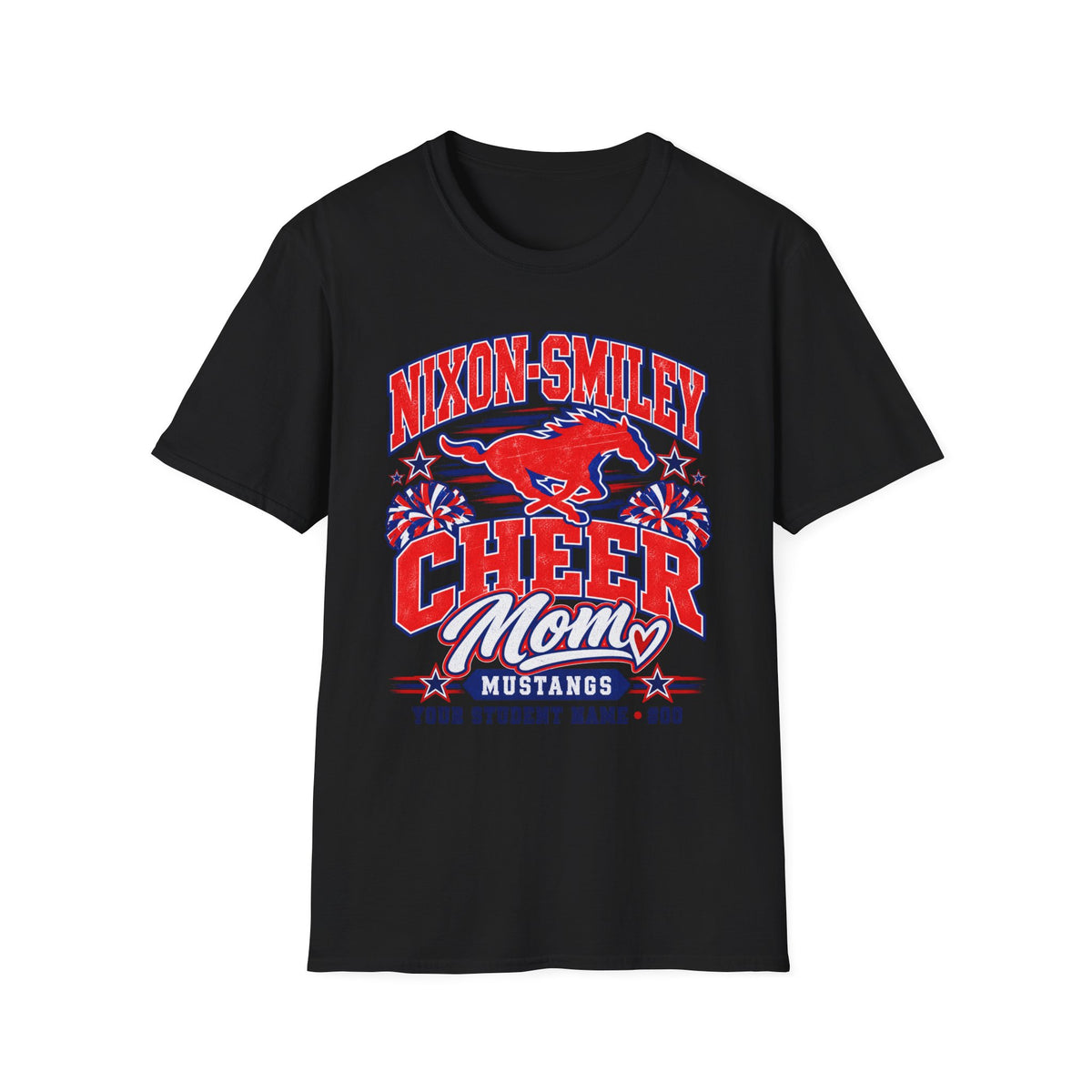 Nixon-Smiley Mustangs Cheer Mom T-Shirt — Personalized School Spirit Tee