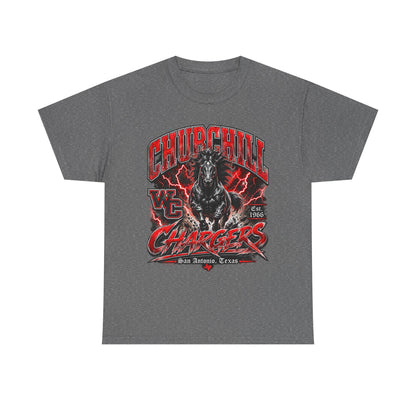Churchill Chargers Mascot T‑Shirt — Vintage Black Stallion School Team Tee
