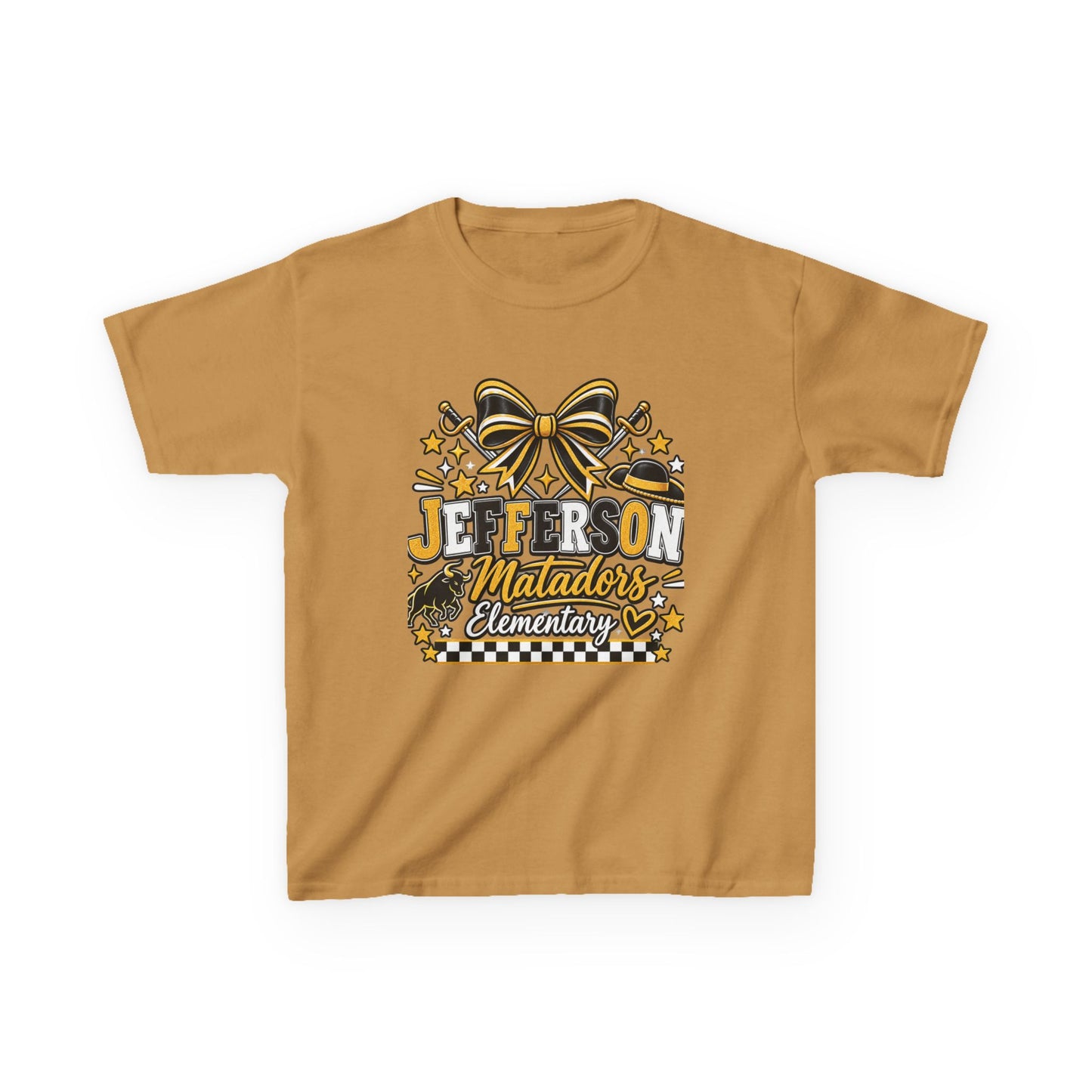 Jefferson Matadors Elementary Kids T-Shirt — School Spirit Bow & Mascot Tee