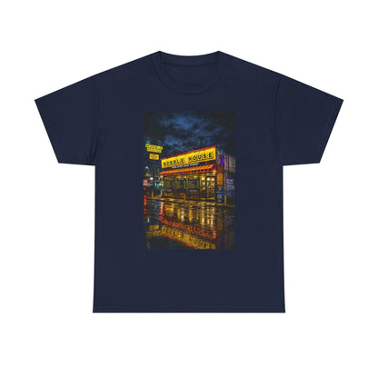 Diner Neon Night T-Shirt — Retro Rainy Cityscape Graphic Tee
