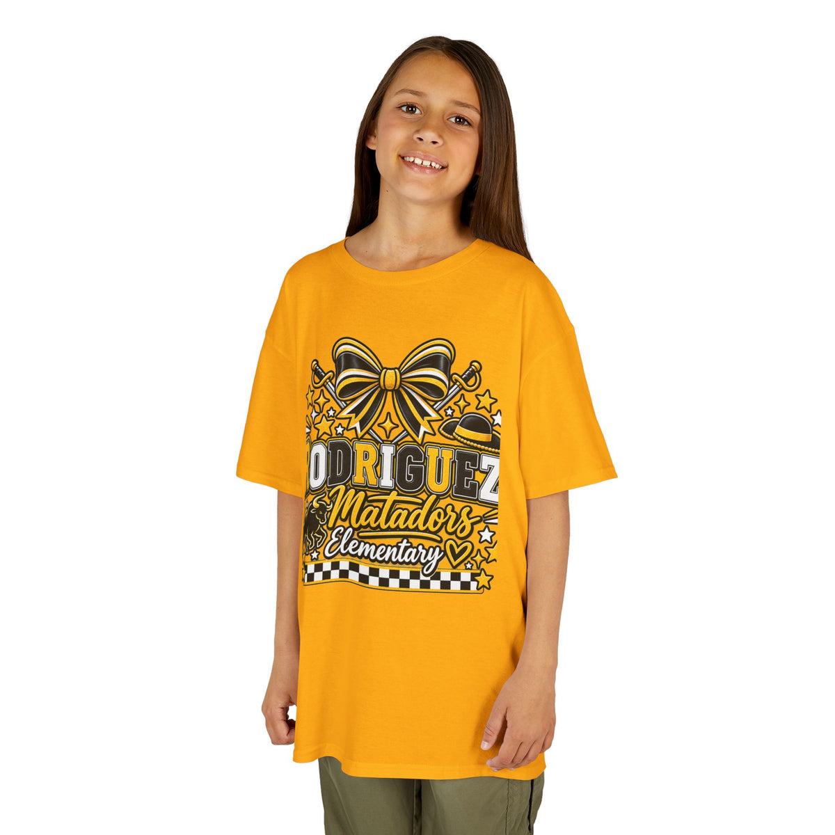 Rodriguez Matadors Elementary Kids T‑Shirt — School Spirit Bow & Mascot Tee