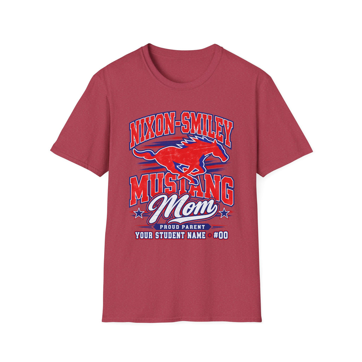 Mustang Mom T‑Shirt — Nixon‑Smiley School Spirit Tee (Customizable Student Name)