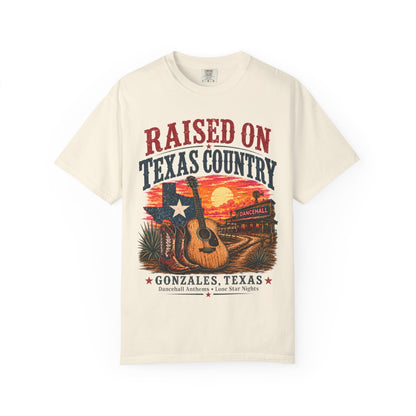 Raised on Texas Country T-Shirt — Gonzales TX Vintage Guitar Sunset Tee