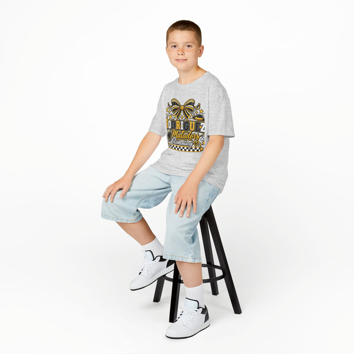 Rodriguez Matadors Elementary Kids T‑Shirt — School Spirit Bow & Mascot Tee