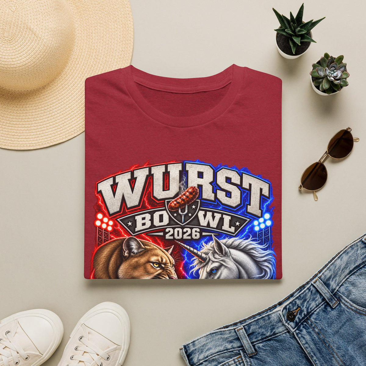 Wurst Bowl 2026 T‑Shirt — Rivalry Game Day Tee (Sausage vs. Unicorn)