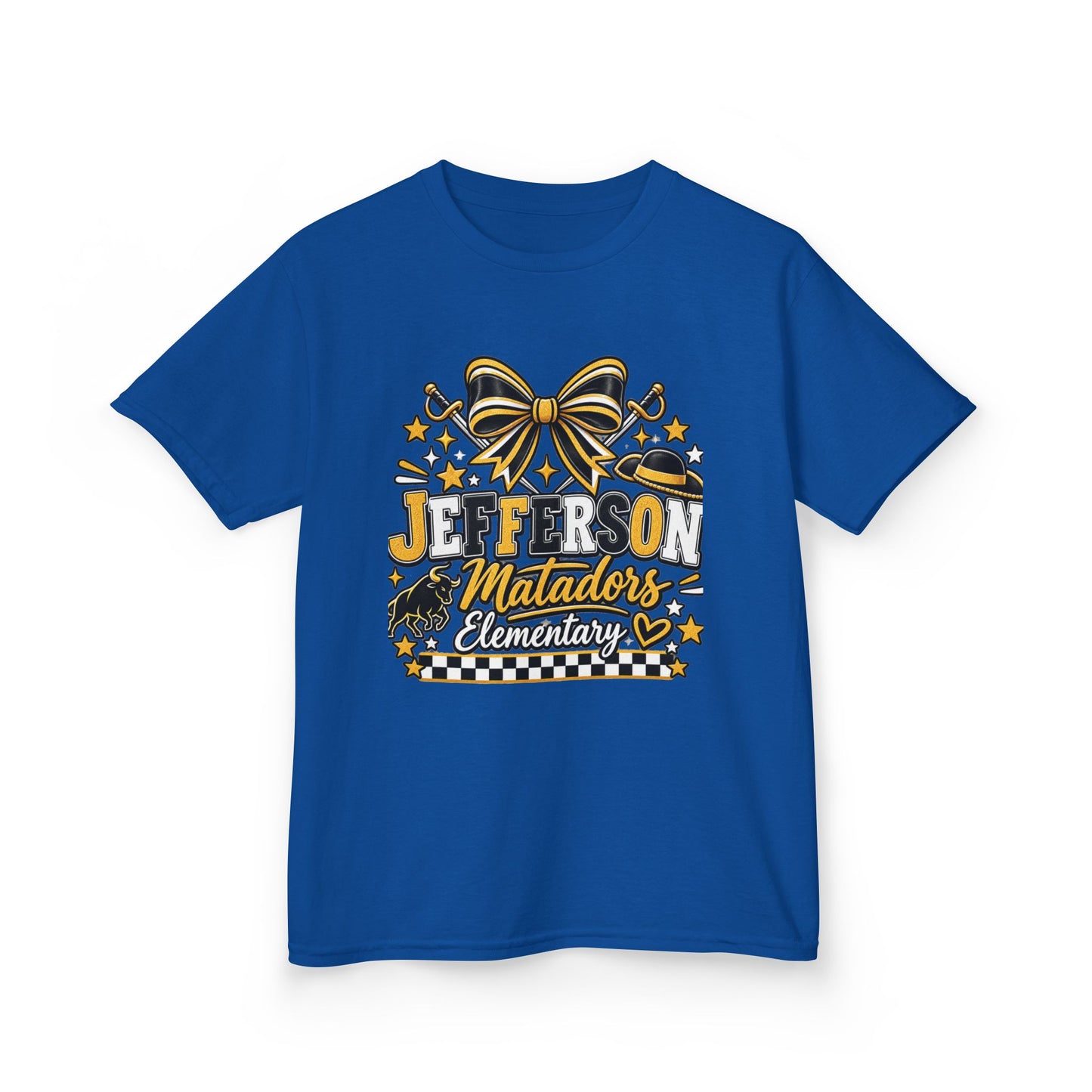 Jefferson Matadors Elementary Kids T-Shirt — School Spirit Bow & Mascot Tee