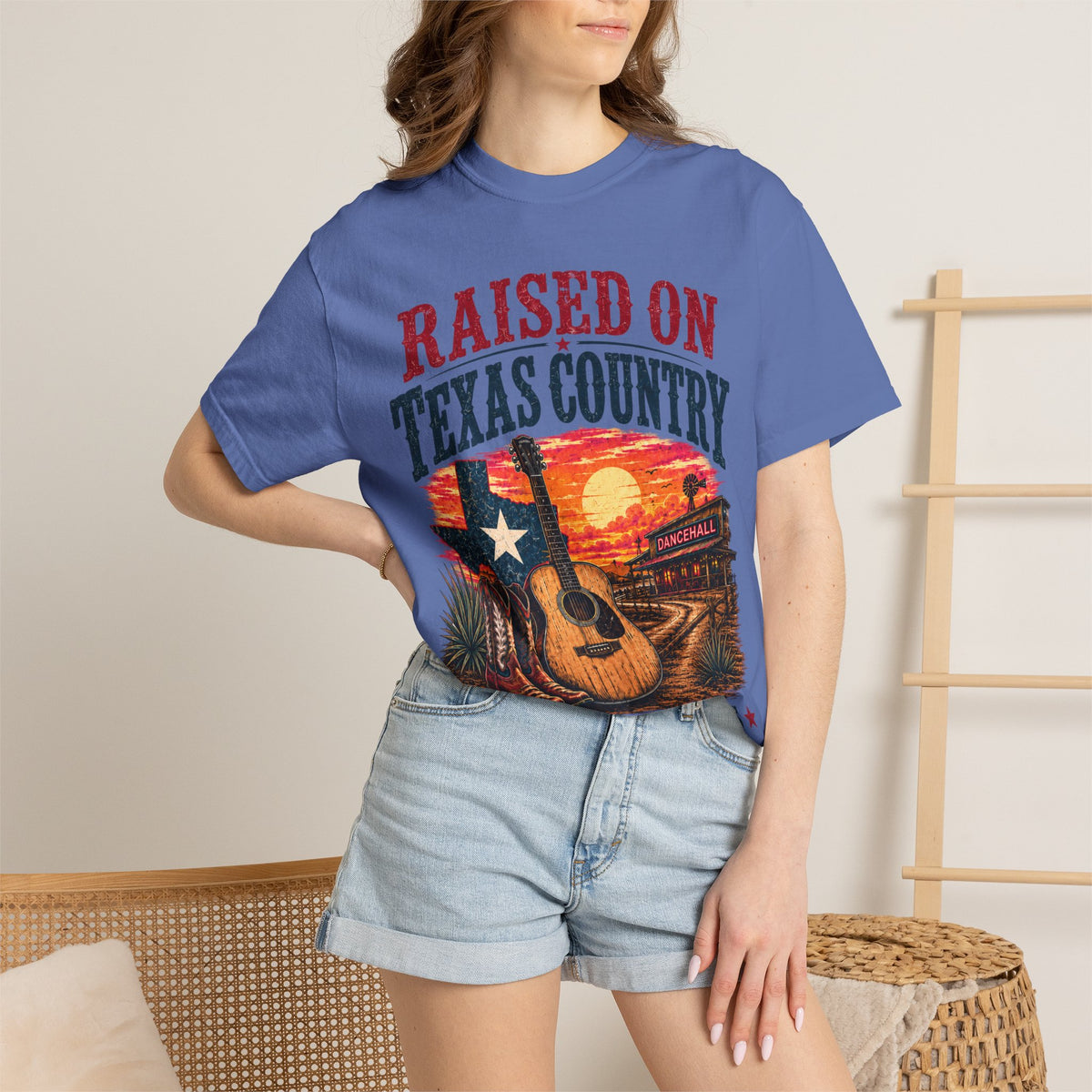 Raised on Texas Country T-Shirt — Gonzales TX Vintage Guitar Sunset Tee