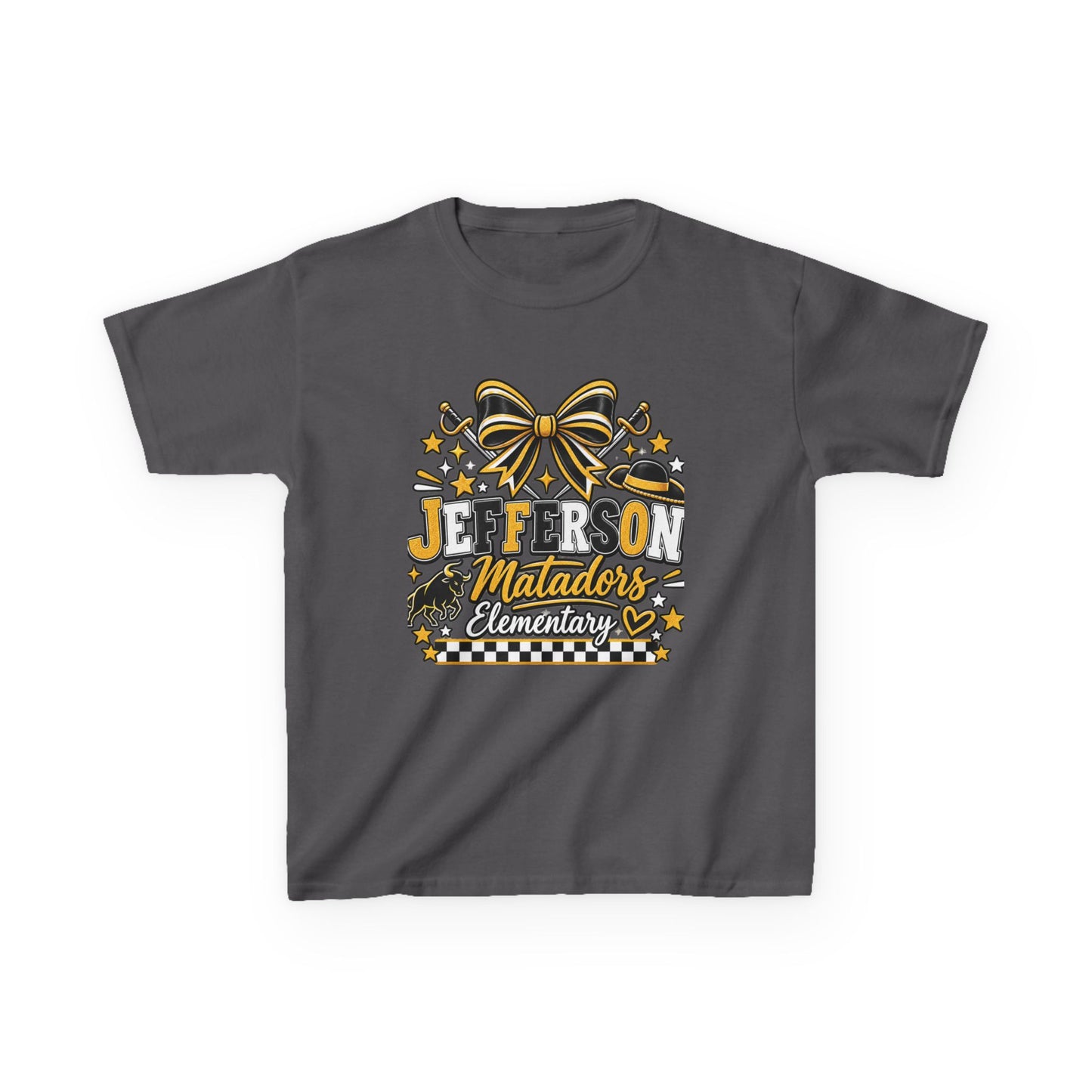 Jefferson Matadors Elementary Kids T-Shirt — School Spirit Bow & Mascot Tee