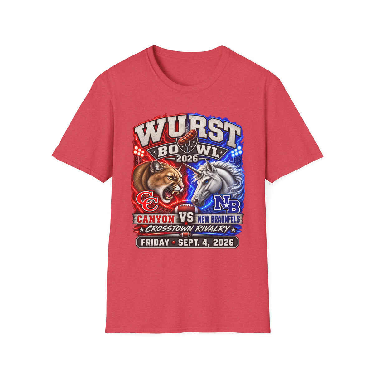 Wurst Bowl 2026 T‑Shirt — Rivalry Game Day Tee (Sausage vs. Unicorn)