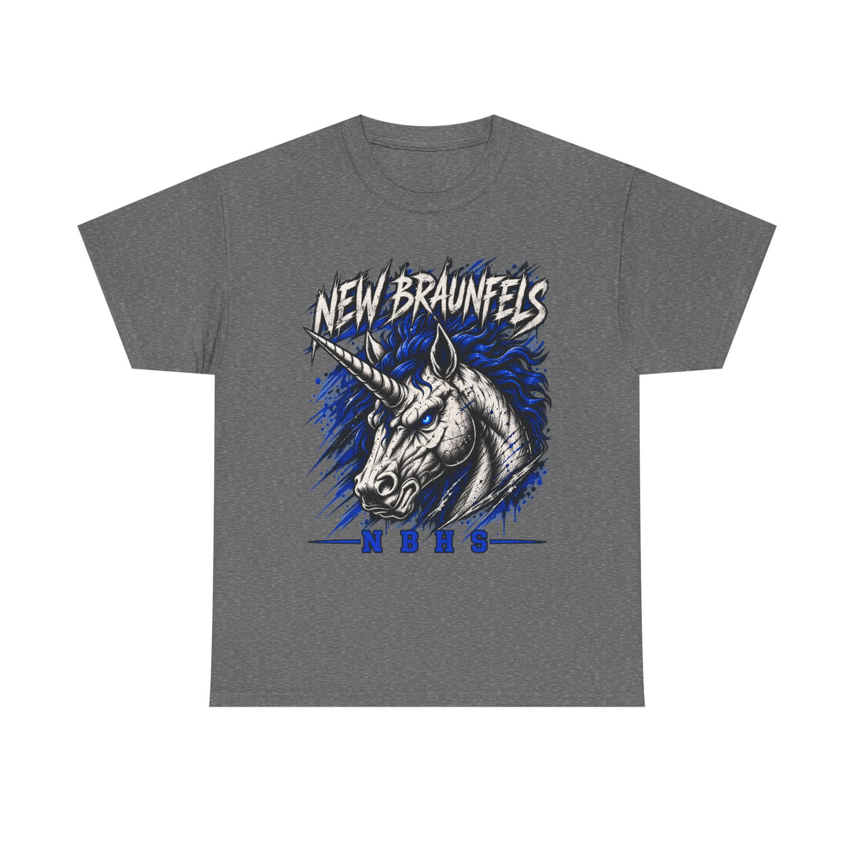 New Braunfels Unicorn Graphic Tee — Bold Blue Mythical Horse Shirt
