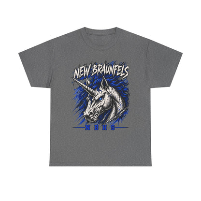 New Braunfels Unicorn Graphic Tee — Bold Blue Mythical Horse Shirt