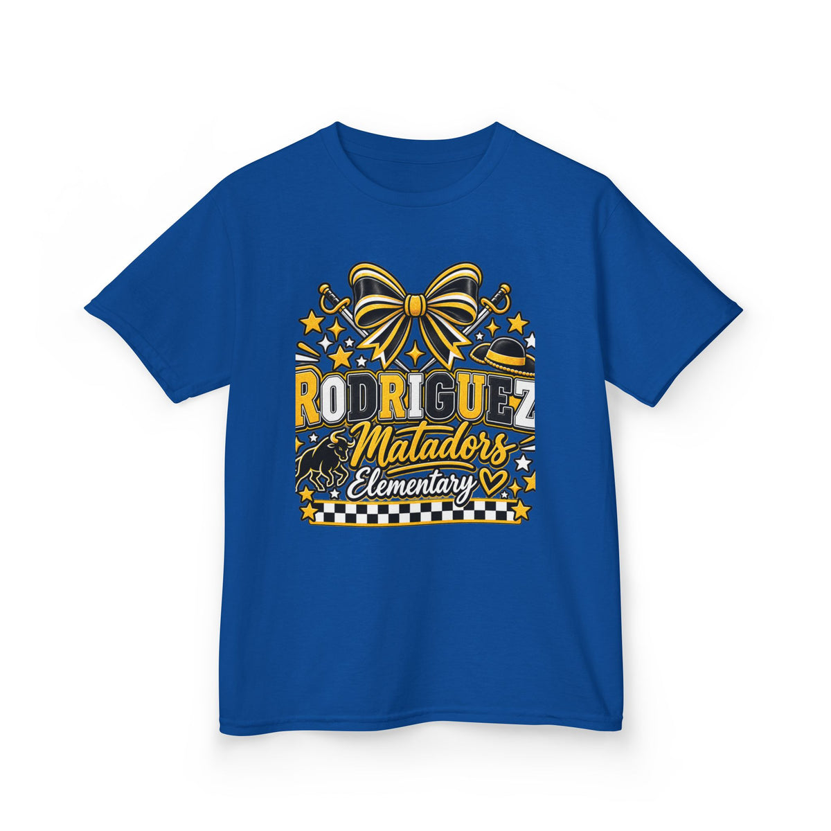 Rodriguez Matadors Elementary Kids T‑Shirt — School Spirit Bow & Mascot Tee