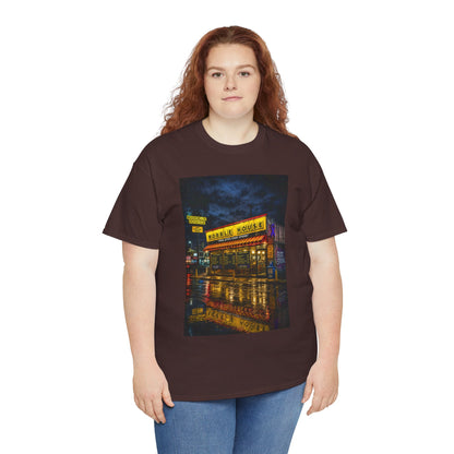 Diner Neon Night T-Shirt — Retro Rainy Cityscape Graphic Tee