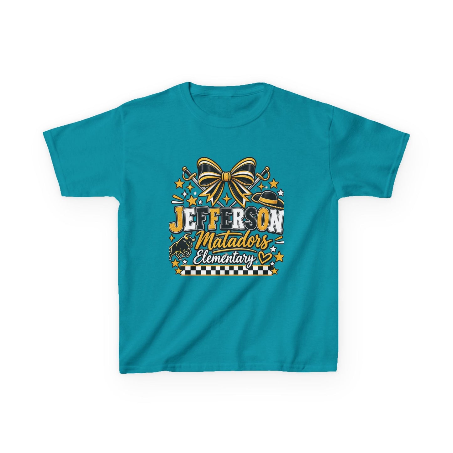 Jefferson Matadors Elementary Kids T-Shirt — School Spirit Bow & Mascot Tee