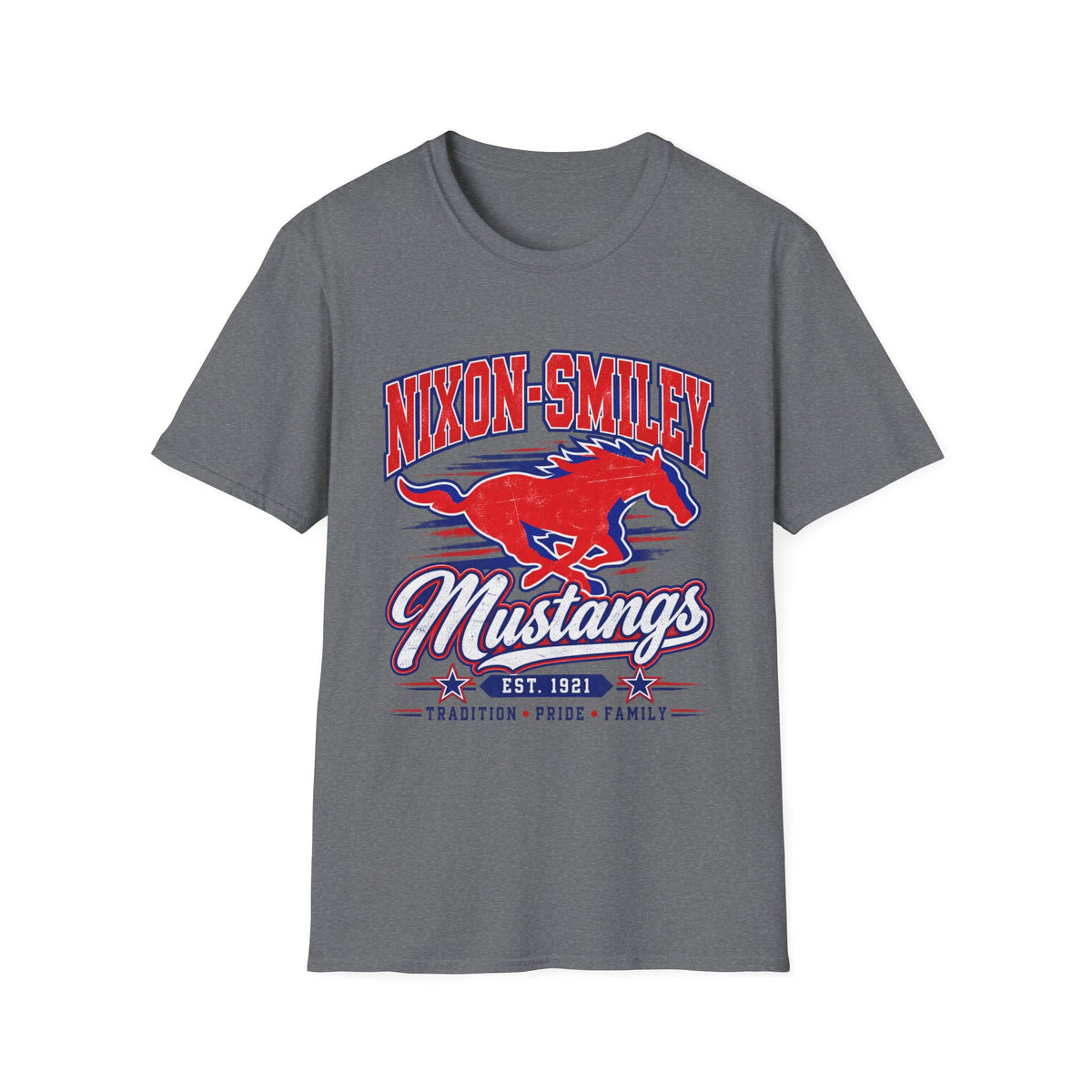 Nixon-Smiley Mustangs Tee — Retro School Mascot T-Shirt