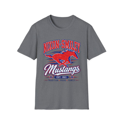 Nixon-Smiley Mustangs Tee — Retro School Mascot T-Shirt