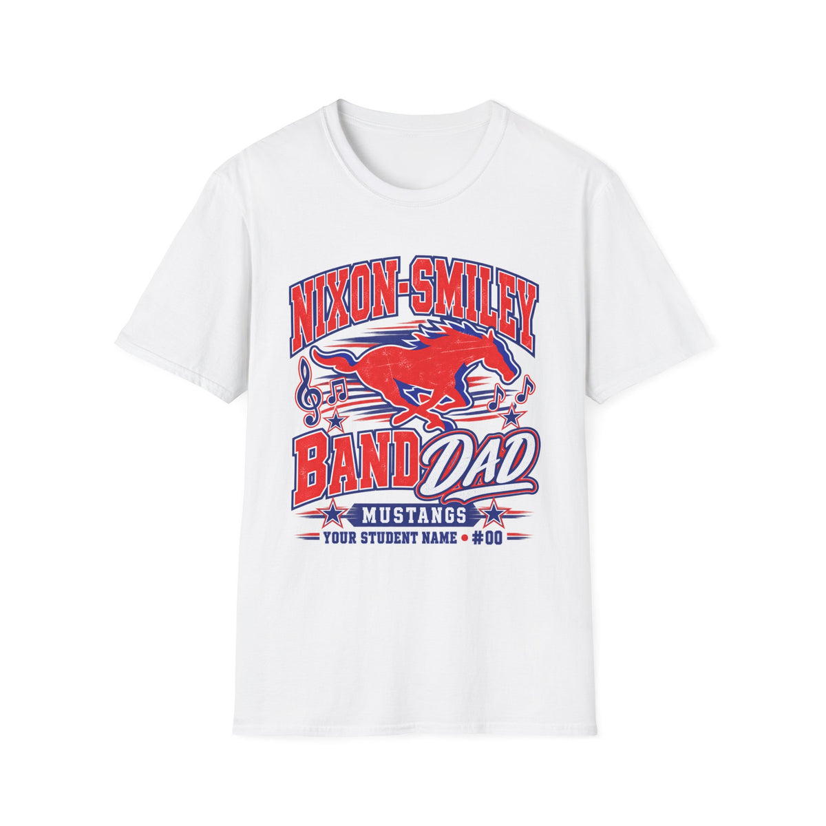 Nixon-Smiley Mustangs Band T-Shirt — Vintage Red Mustang Music Design