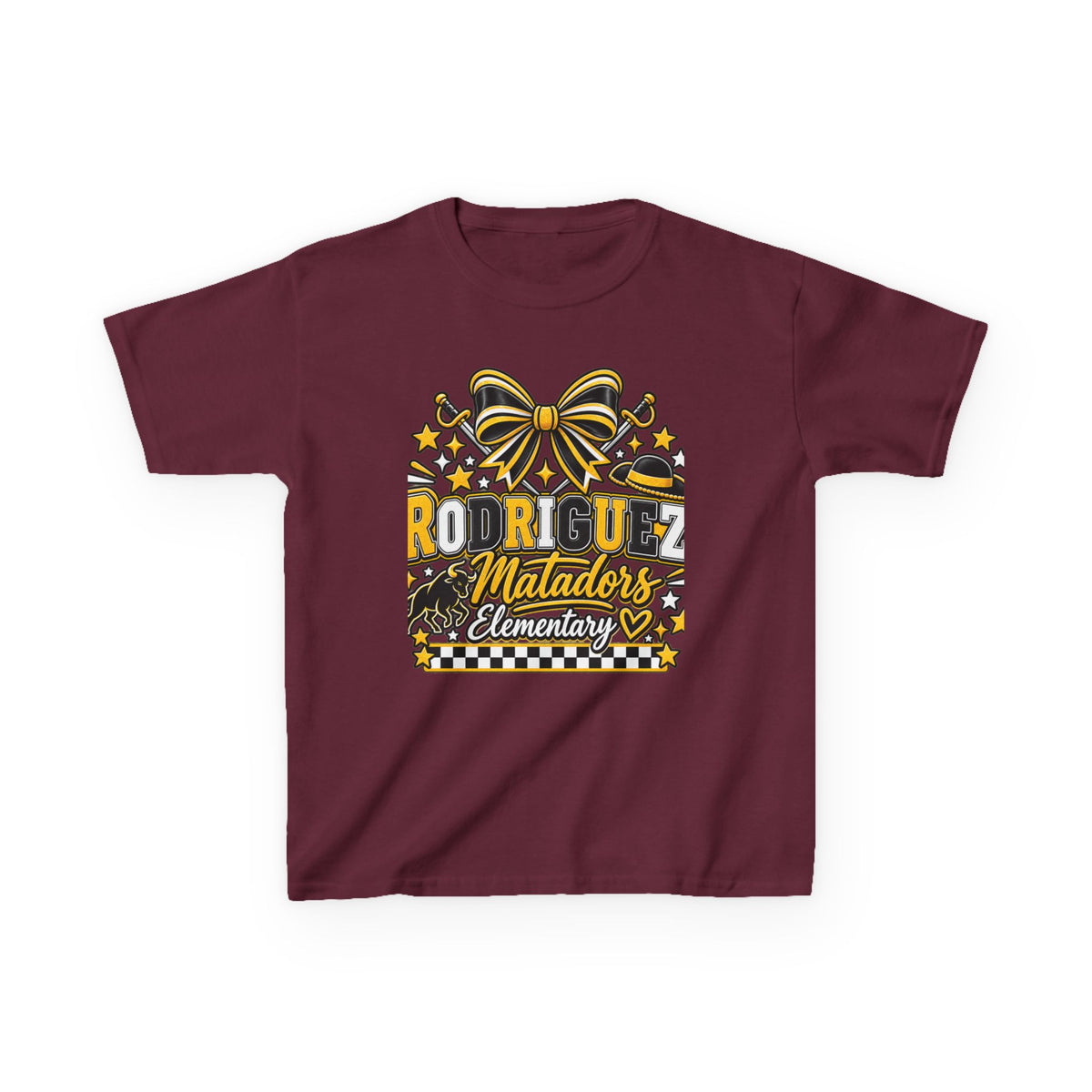 Rodriguez Matadors Elementary Kids T‑Shirt — School Spirit Bow & Mascot Tee